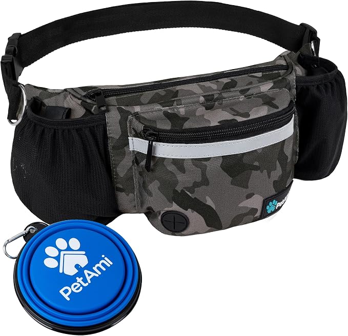 PetAmi Dog Fanny Pack, Treat Pouch for Dog Walking Training, Camo Black | Built in Poop Bag Dispenser, Water Bottle Holder, Collapsible Bowl, Pet Treat Waist Belt for Hiking Running Kibbles