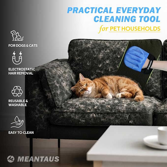 Reusable Electrostatic Pet Hair Removal Glove for Dogs & Cats with Self-Cleaning Pad - Works on Furniture, Clothing, Bedding & Car Seats