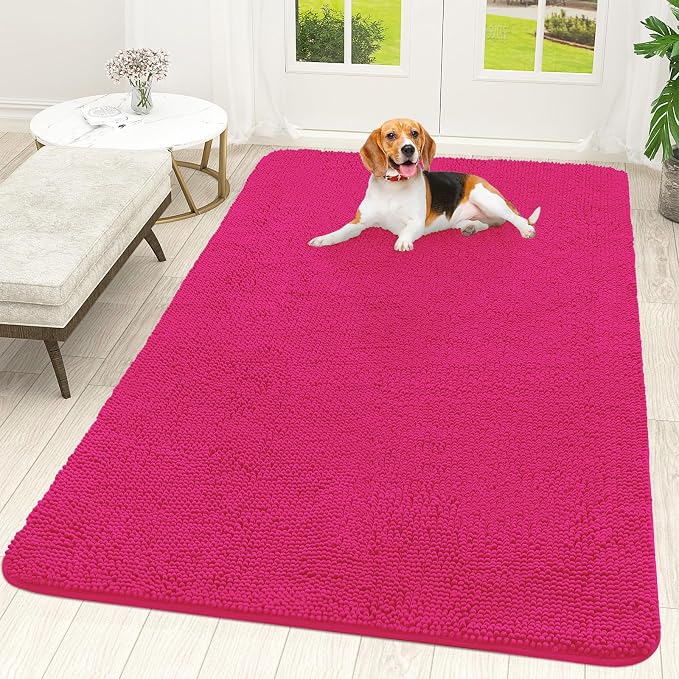 OLANLY Dog Door Mat for Muddy Paws 70x46, Super Absorbent Chenille Mud Mat | Hot Pink, Absorbs Moisture and Dirt, Non-Slip Machine Washable Doormat, Quick-Drying Indoor Entryway Floor Carpet for Dogs