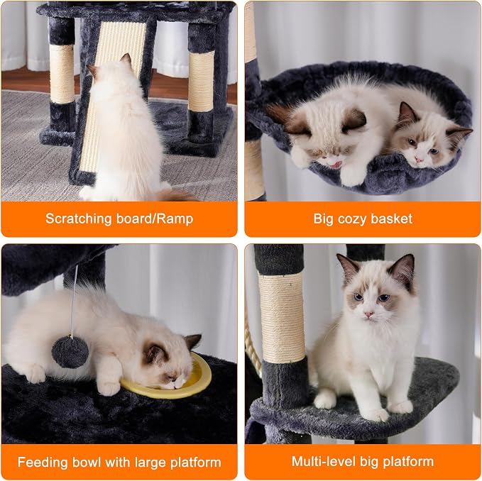 Heybly Tall Cat Tree 78-inch Multi-Level Cat Tower for Indoor Cats HCT033G | Cat Condo with 2 Widened Plush Perches, Multi-Level Cat Furniture with Scratching Board, Big Caves, Smoky Gray