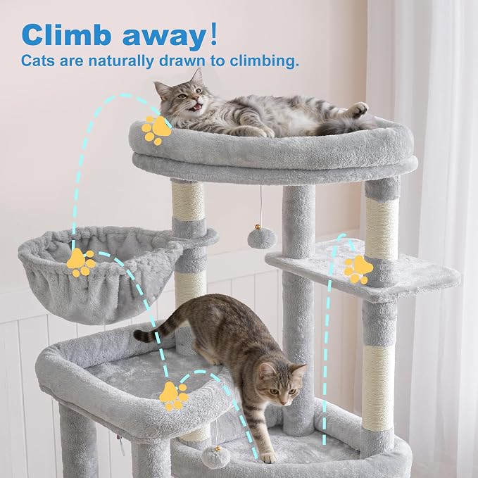 Hey-brother Cat Tree Tower with Tiered Padded Platforms, Condos, MPJ084W | 67.3 Inches Multi-Level Cat House with 9 Sisal Scratching Posts, 2 Plush Hammocks, Toy Ball for Indoor Multi-Cats, Light Gray