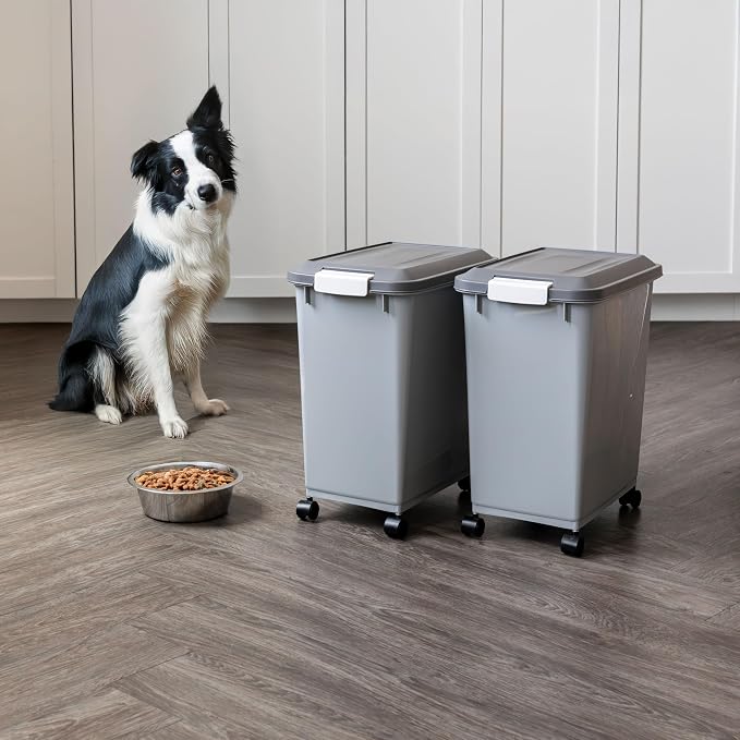 IRIS USA Dog Food Storage Container, 2-Pack, Up to 30 lbs, Gray/Dark Gray | Made in the USA, Comes w/ Wheels & 2-Cup Scoop, Airtight Seal, BPA-Free, Bird Seed, Cat food, Cat Litter, Multi-Pet Household