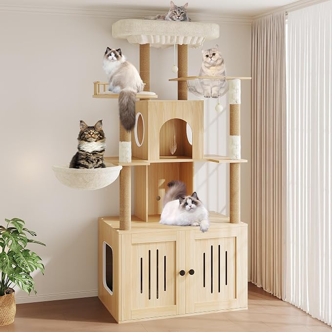 Cat Tree with Litter Box Enclosure, Multi-Level Cat Tower with Hidden Litter Box Furniture, Large Plush Top Perch, Sisal Scratching Posts, Cat Condo & Hammock for Indoor Cats, Living Room,Natural Wood