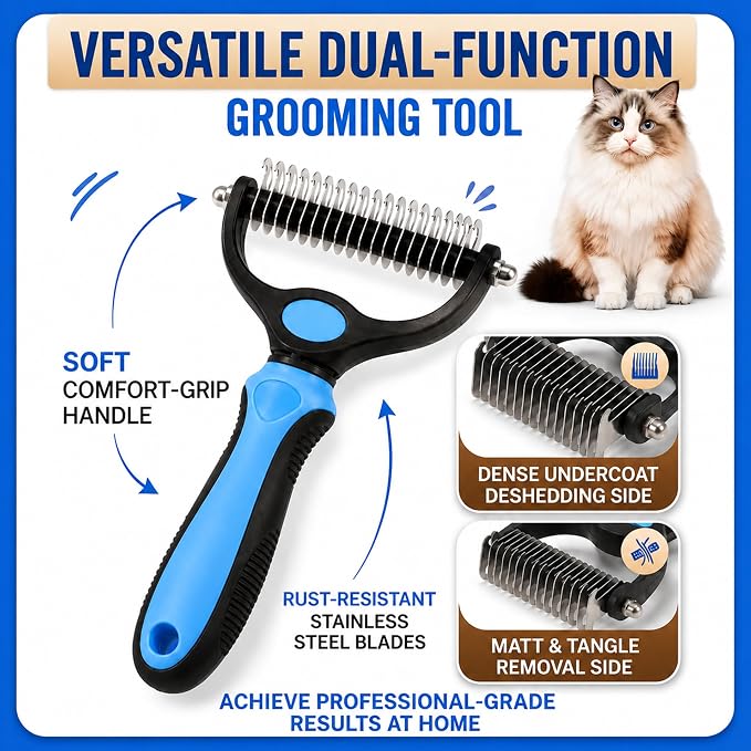 2-in-1 Double-Sided Pet Grooming Comb for Dogs & Cats - Deshedding Brush & Rounded-Tooth Dematting Tool | Painlessly Removes Knots, Tangles, Loose Undercoat & Fur in Thick/Long Coats (Blue-Large)