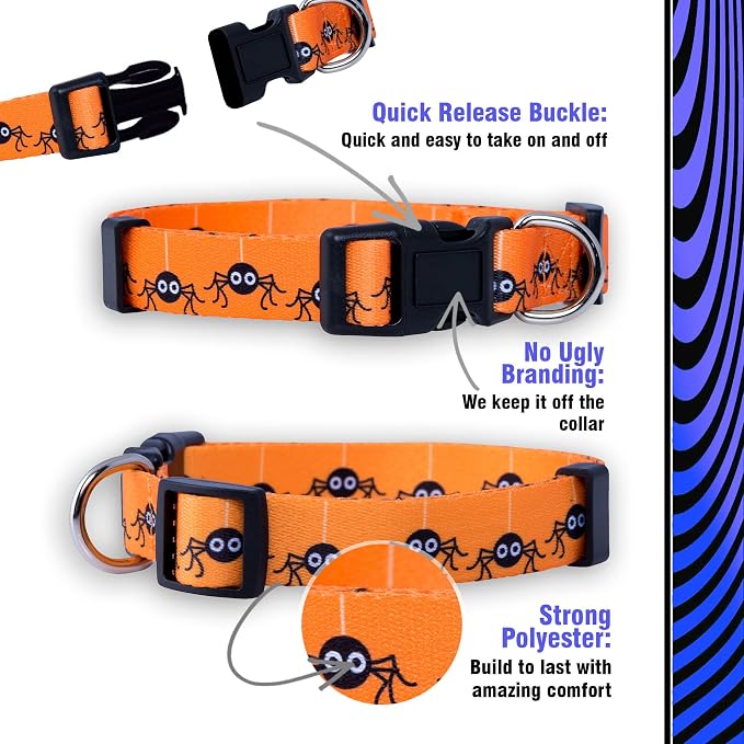 Native Pup Halloween Dog Collar- Spooky Fall Themed Horror Costume Collars- Skull, Pumpkin, Ghost, Bat, Witch, Candy Corn, Spider- Adjustable for Small, Medium, Large Breeds (Large, Spiders)