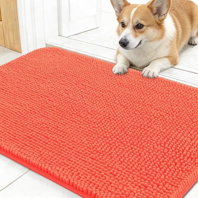 OLANLY Dog Door Mat for Muddy Paws 24x16, Super Absorbent Chenille Mud Mat | Coral, Absorbs Moisture and Dirt, Non-Slip Machine Washable Doormat, Quick-Drying Indoor Entryway Floor Carpet for Dogs