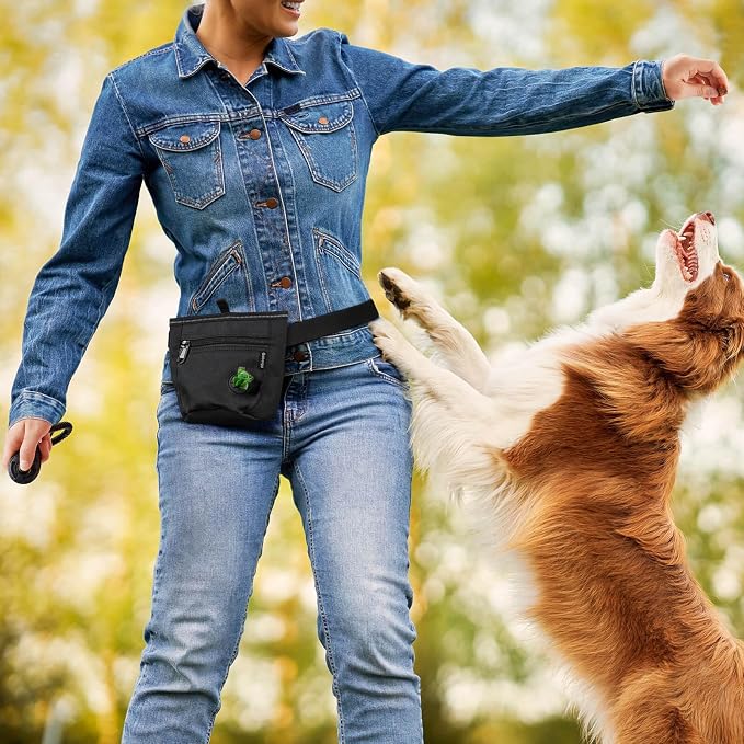 2 Cup Magnetic Closure Dog Treat Pouch with Training Clicker(Black) | 2 Pair Magnetic Closures, Zipper Pocket with Poop Bag Holder, Waist Belt & Metal Clip to Wear for Pet Training/Daily Walking