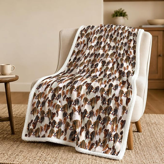 BlessLiving Papillon Brown Throw Blanket with Dense Dog Patterns Sherpa Fleece Blanket Couch Bed, Soft Cozy Warm Pet Blankets for Puppy Lovers Cute Animal Print Gift 50x60 Inches