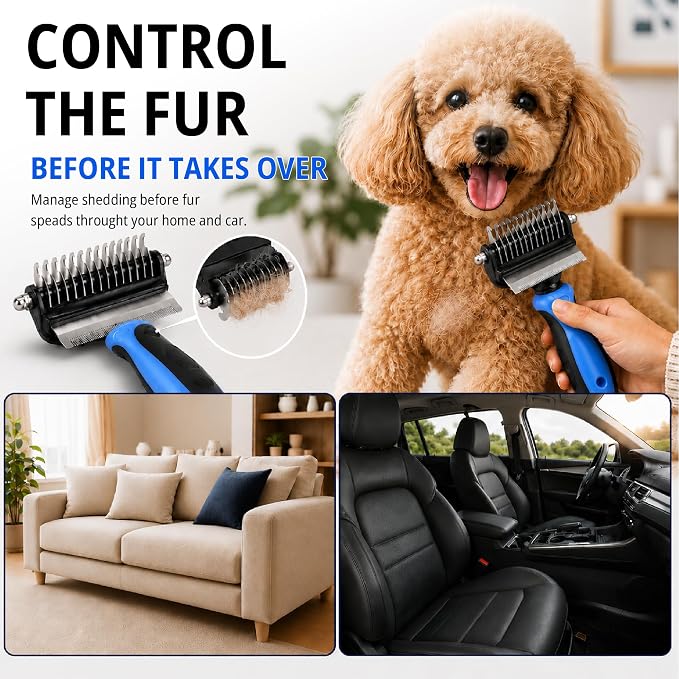 4-in-1 Pet Care & Pet Hair Control System for Dogs & Cats – Deshedding Tool, Pet Hair Remover, Grooming Glove & Detail Cleaner for Furniture Couch Carpet Home & Car (Blue, Combo 4-in1 Large)