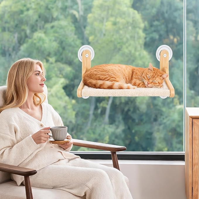 LuLu's World Foldable Large Cat Window Perch,Wooden Frame 23.7"×14.4" Beige | Soft berber fleece cover,washable fabric,strong suction cups,no drilling,space saving,easy to disassemble,breathable and warm