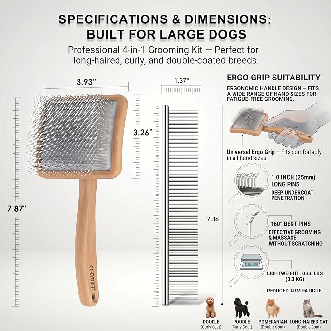 Slicker Brush for Dogs, Professional Dog Grooming Brush Kit 4PCS | Doodles Brush for Goldendoodles Poodles, Long Pin Haired Brush, Easy to Daily Detangling to Prevent Matting