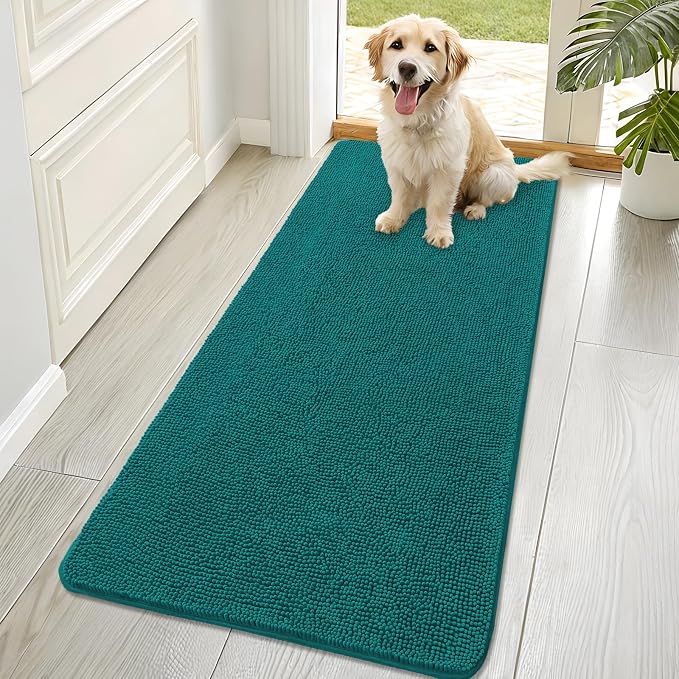 OLANLY Dog Door Mat for Muddy Paws 70x32, Super Absorbent Chenille Mud Mat | Lake Blue, Absorbs Moisture and Dirt, Non-Slip Machine Washable Doormat, Quick-Drying Indoor Entryway Floor Carpet for Dogs