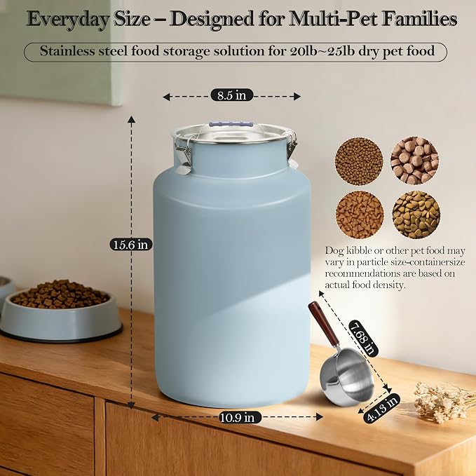 25lb Stainless Steel Dog Food Storage Container with Lid and Scoop | Airtight Metal Pet Food Storage, Large Capacity, Durable, Rust-Proof, Moisture-Proof, Keeps Kibble Fresh for Daily Use