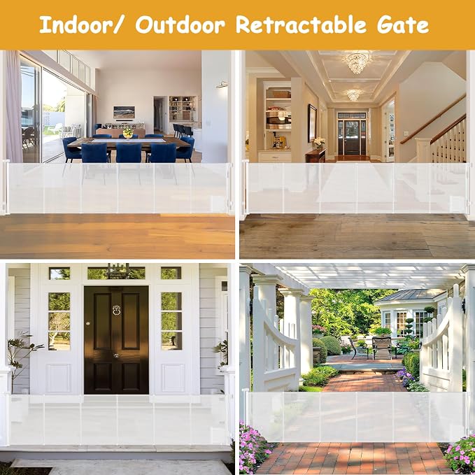 Reinforced 150” Extra Wide Pet Gate with Door 33 Inch Tall Retractable Dog Gates for Doorways Extra Wide Baby Gates for Large Openings with Reinforced Strips 12.5ft Large Dog Gate with Cat Door, White