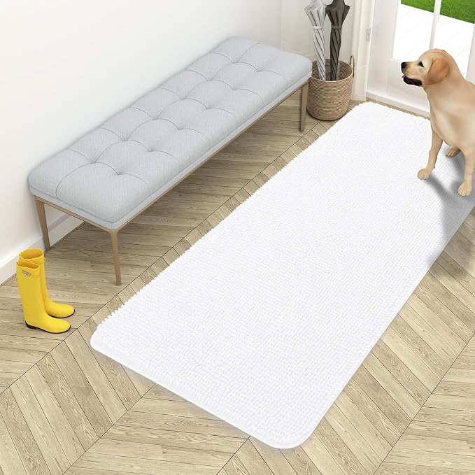 OLANLY Dog Door Mat for Muddy Paws 54x24, Super Absorbent Chenille Mud Mat | White, Absorbs Moisture and Dirt, Non-Slip Machine Washable Doormat, Quick-Drying Indoor Entryway Floor Carpet for Dogs