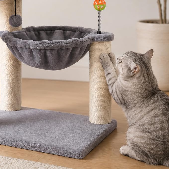 Multi-Level Cat Tree for Indoor Cats, Cat Tree Tower with Big Cat Hammock Indoor Climbing Activity Tower with Scratching Posts, Grey