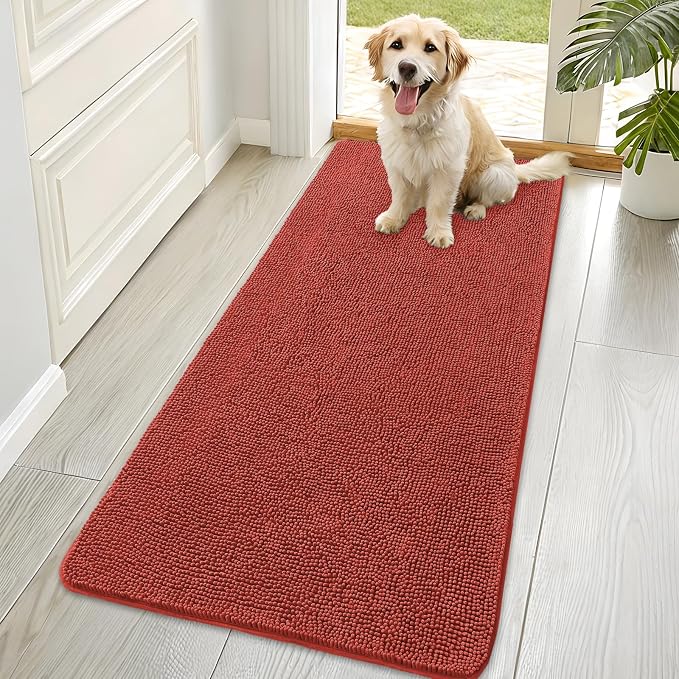 OLANLY Dog Door Mat for Muddy Paws 70x35, Super Absorbent Chenille Mud Mat | Maple Red, Absorbs Moisture and Dirt, Non-Slip Machine Washable Doormat, Quick-Drying Indoor Entryway Floor Carpet for Dogs
