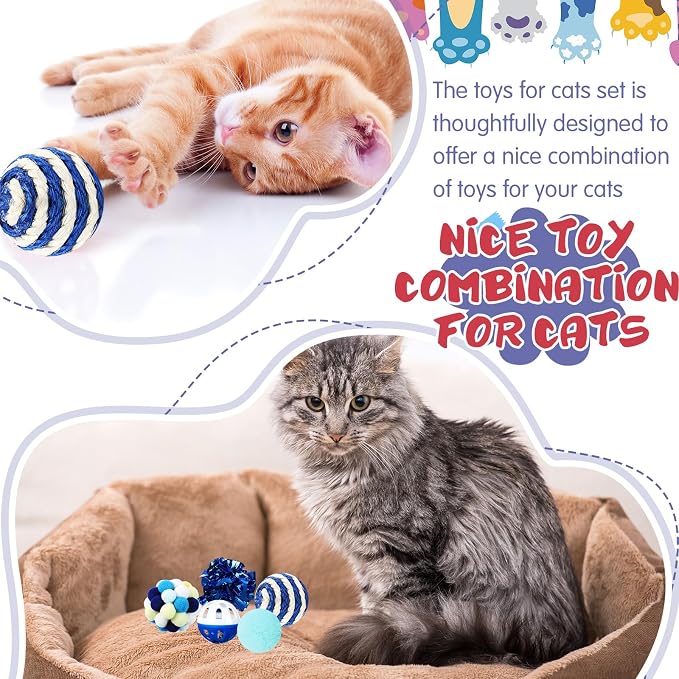 Gemscream 46 Pcs Cat Toys Set Interactive Cute Cat Toys Include Fur Mice Rattle Springs Crinkle Balls Pompom Bell Sisal Ball Puzzle Chase Toys for Kitten Indoor Stuff Gift(Blue)