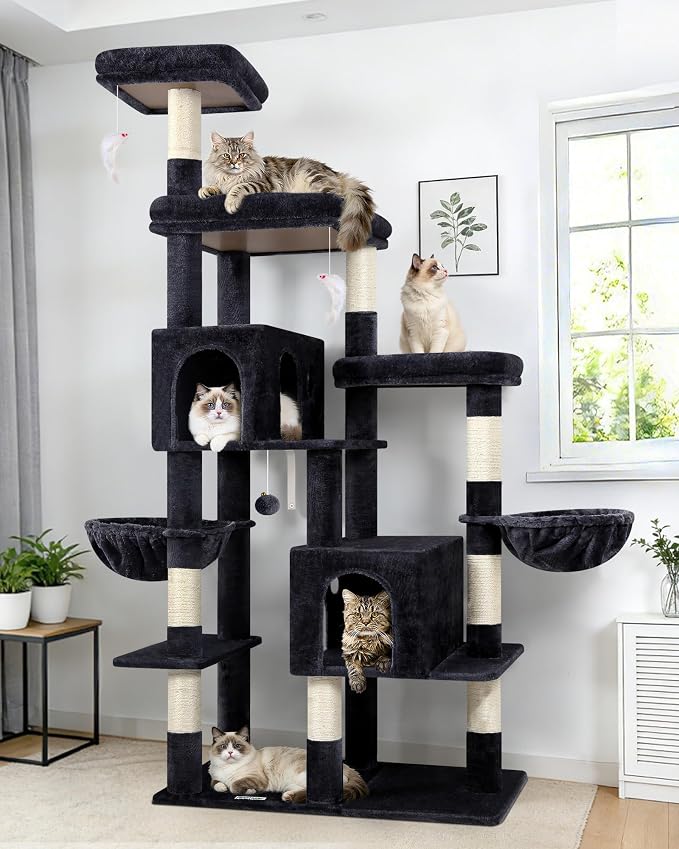 Globlazer 74in Large Sturdy Cat Tree for Large Cats, F74F, Beige | Tall Maine Coon Cat Tower for Indoor Cats Large Adult with 8 Scratching Posts, 2 Spacious Cat Condos, 3 Perches