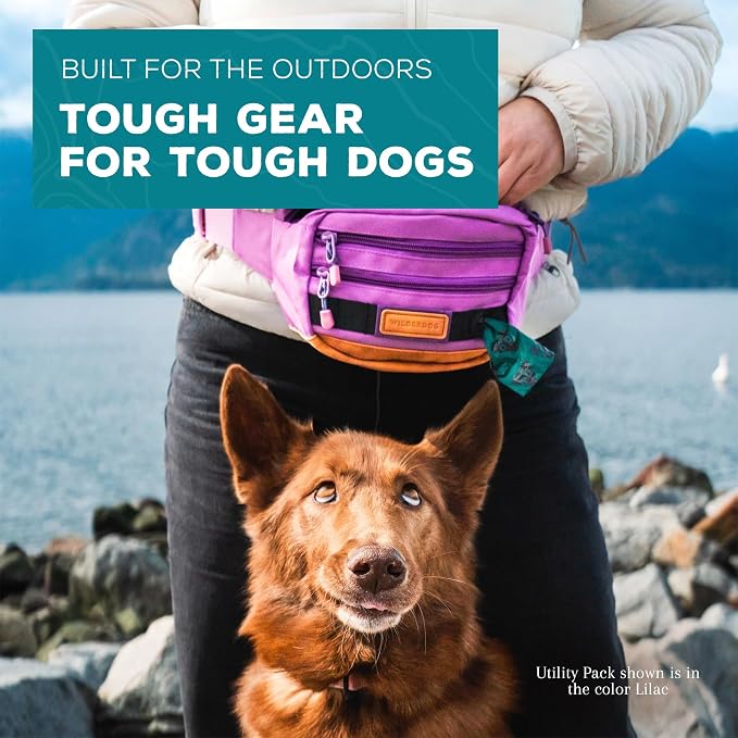 Wilderdog Utility Fanny Pack stores Treats, Balls, Keys in 3 Pockets with adjustable strap and Poop Bag dispenser (Lilac)