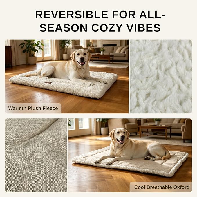 Reversible Dog Crate Mat for Large Dogs, Oxford & Fleece, 35"x22",Beige | 1.2" Fill Preserves Crate Height,Fleece Cozy,Wipes Clean,Splash-Proof,Machine Washable, Folds Flat For 30" Wire Crate & Go