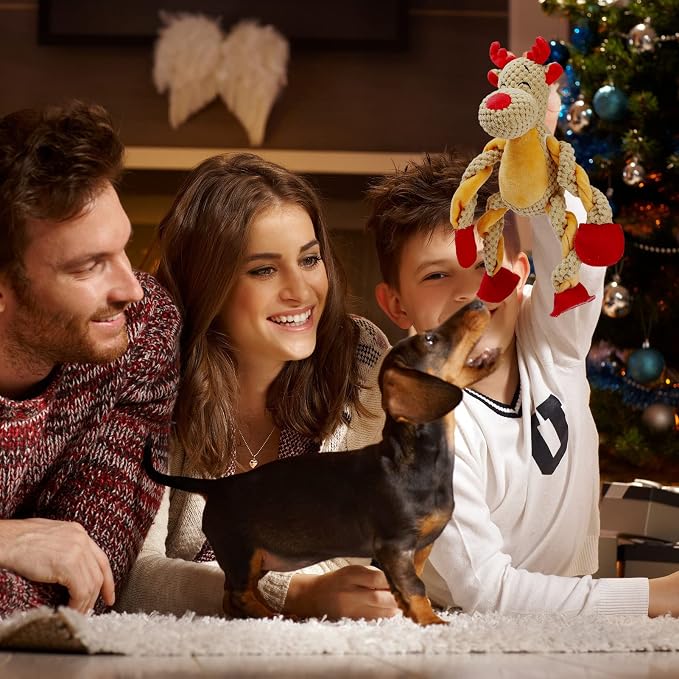 Senneny Christmas Dog Toys, Squeaky Reindeer Plush with Ropes for Tug of War, Durable Interactive Chew Toys for Puppy Small Medium Large Dogs