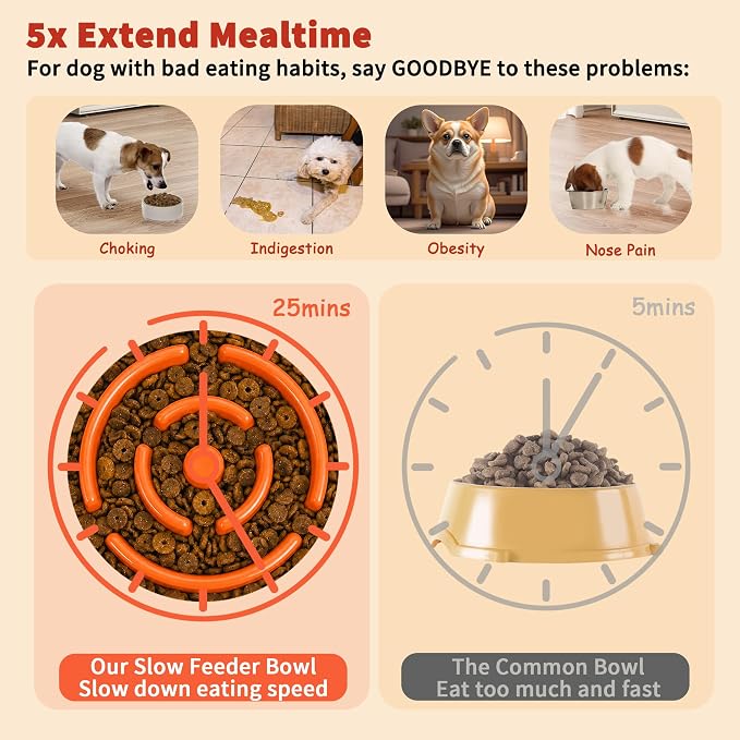 Elevated Slow Feeder Dog Bowl Large Breed, 8.8 Inch Ceramic Slow Eating Bowl with Bamboo Stand, Anti-Choking Raised Maze Design for Medium to Large Dogs, 3.2 Cup, Orange