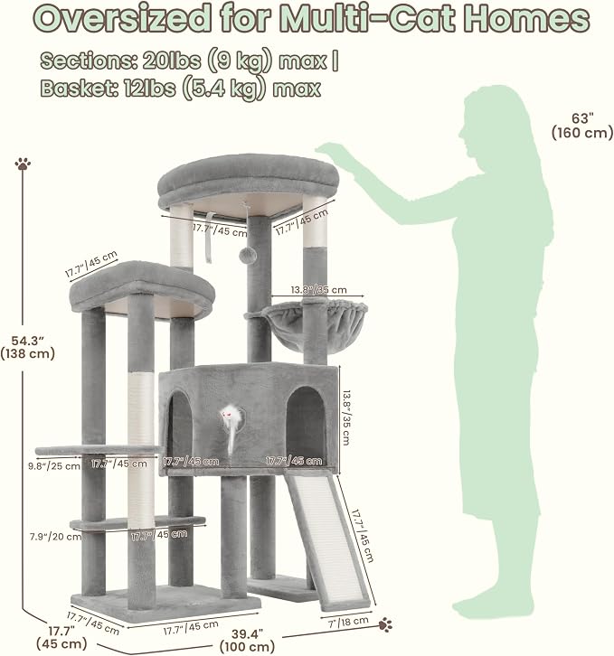 Cat Tree, Heavy Duty Cat Tower with Dual Platforms VCT002W | Oversized Diamond Condo for Large Cats, Sturdy Cat Furniture with Cozy Basket, Sisal Scratching Board & Posts, Light Gray