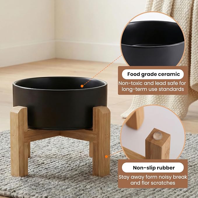 hjn Elevated Ceramic Dog Bowl with Bamboo Stand, Raised Pet Feeding Station for Small Medium Dogs Cats, Modern Design with Anti-Slip Base (Black, 3.6Cup)