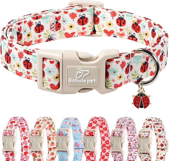 Ladybug Dog Collar for Small Dogs - Cute Spring/Summer Dog Collar, Lightweight Adjustable Cartoon Love Bug Garden Mom Dogs Collars with Quick Release Buckle S