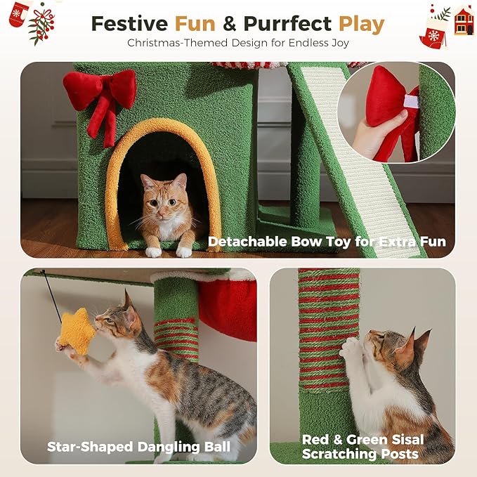 PEQULTI 83-108'' Floor to Ceiling Cat Tree for Large Adult Cats, Christmas Cat Tower with Adjustable Height with 3 Large Condos, Plush Hammock, Thick Scratching Posts, Red/Green