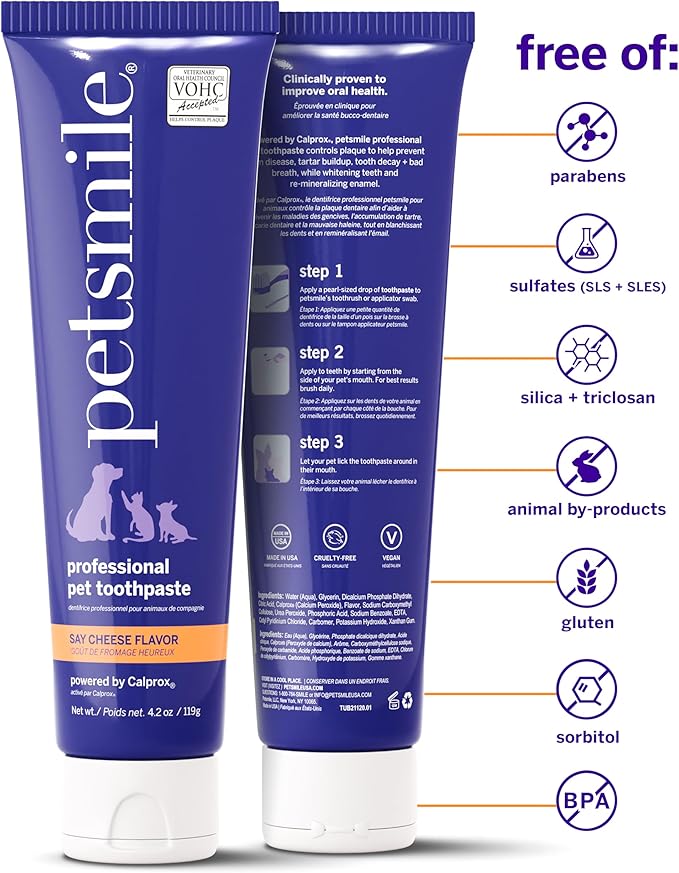 Petsmile Professional Pet Toothpaste for Cats & Dogs - VOHC Accepted Toothpaste - Clinically Proven to Control Plaque & Tartar Calprox Formula (Say Cheese, 4.2 Oz)
