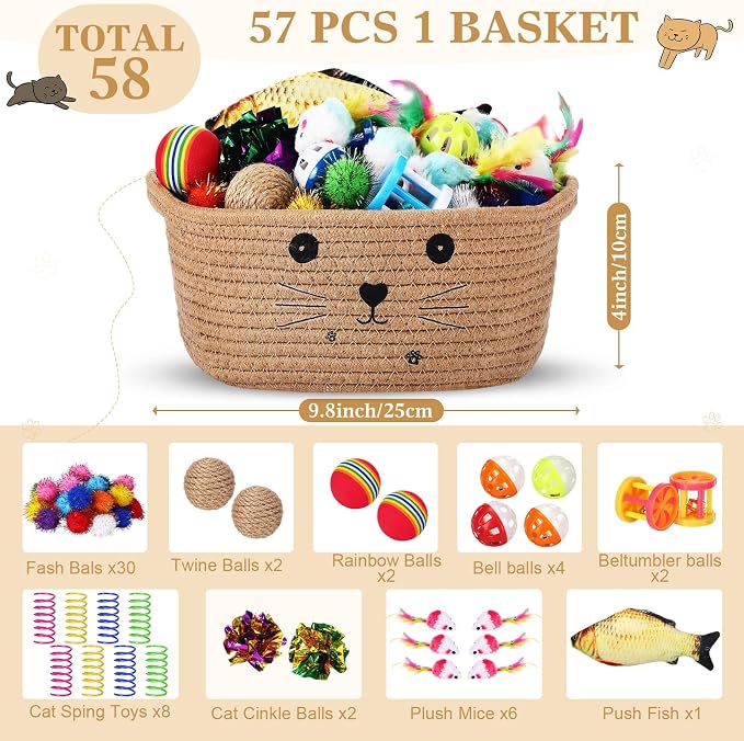 Zopeal 58 Pcs Summer Cat Storage Basket Gift Toys Set, Colorful Flashing Balls Pet Bell Crinkle Balls Spring Toys Attract Cat to Swat, Hunt, Interactive for Pet(Khaki,9.8 Inch)