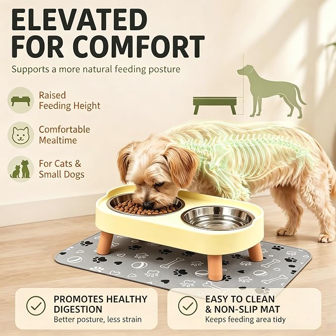 Elevated Dog Bowls with Mat, 2 Stainless Steel for Small Dogs Under 25 Lb | Raised Bowl Stand, Food & Water Set for Cats & Puppies, Splash Proof, Dishwasher Safe, Stain-Resistant Quick-Dry Mat
