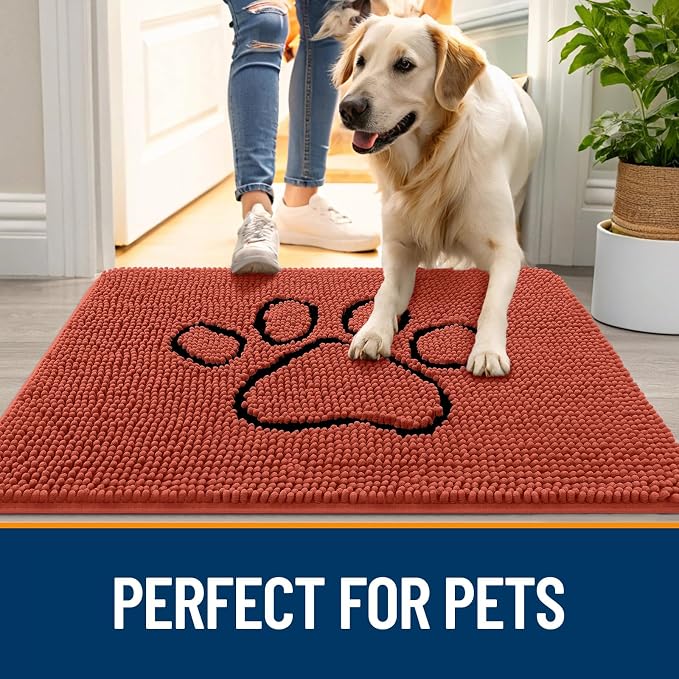 OLANLY Dog Door Mat for Muddy Paws 30x20, Paw Print Design Chenille Mud Mat | Maple Red, Absorbent, Traps Moisture and Dirt, Non-Slip Washable Doormat, Quick-Drying Indoor Entryway Floor Carpet for Dogs