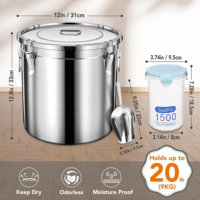 Newget 20lb Airtight Stainless Steel Dog Food Storage Container with Scoop | Large Metal Pet Food Containers Set with Sealed Lid, Metal Lock for Easy Open and Close, Keeps Fresh for Cat / Dog Food