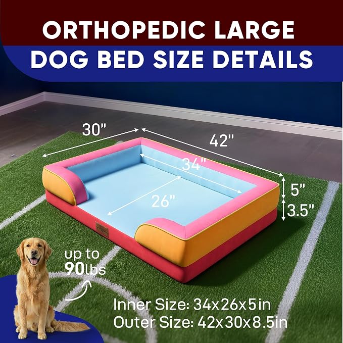 Comfort Expression Orthopedic Dog Bed for Extra Large Dogs with Bolster | Waterproof Dog Couch Bed with Washable Cover & Non-Slip Bottom, Supportive Egg Crate Foam XL Pet Bed, 42x30 Inch