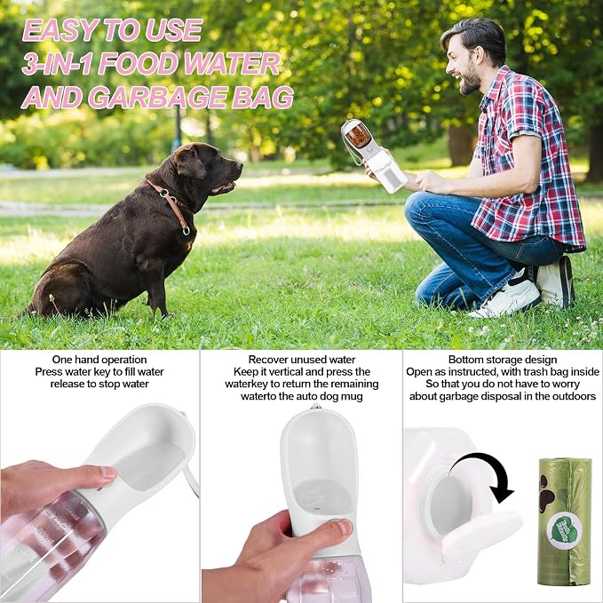 3-in-1 Portable Dog Water Bottle Dispenser,Crate with Food Container, Replaceable Waste Bags,Dog Stuff Accessories Items, Puppy Essentials Necessities,for Walking&Hiking (20oz-White)