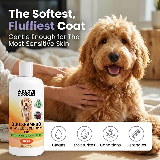 Dog Shampoo & Dog Detangler Spray, Tearless, Dog Bath Supplies, Mango 16 oz | Best Shampoo, Detangling & Dematting Spray for Dogs, For Sensitive Itchy Skin, Tangle Remover, Goldendoodle, Poodle & Doodle