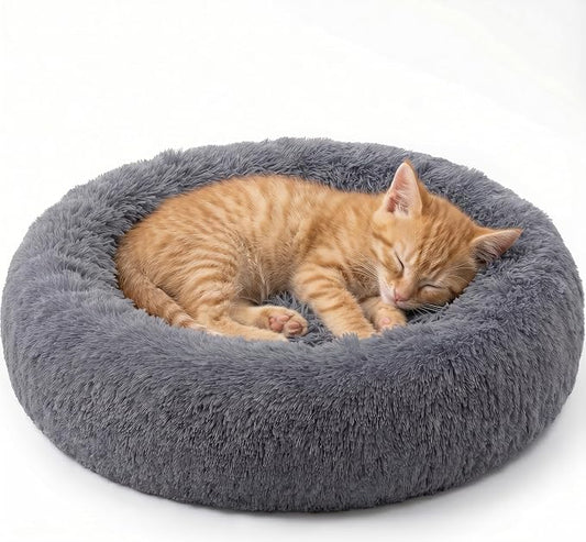 SAVFOX 20 inches Calming Donut Dog Bed - 3X Durable Plush Faux Fur, Machine Washable & Non-Slip, Fits up to 15 lbs, Dark Grey