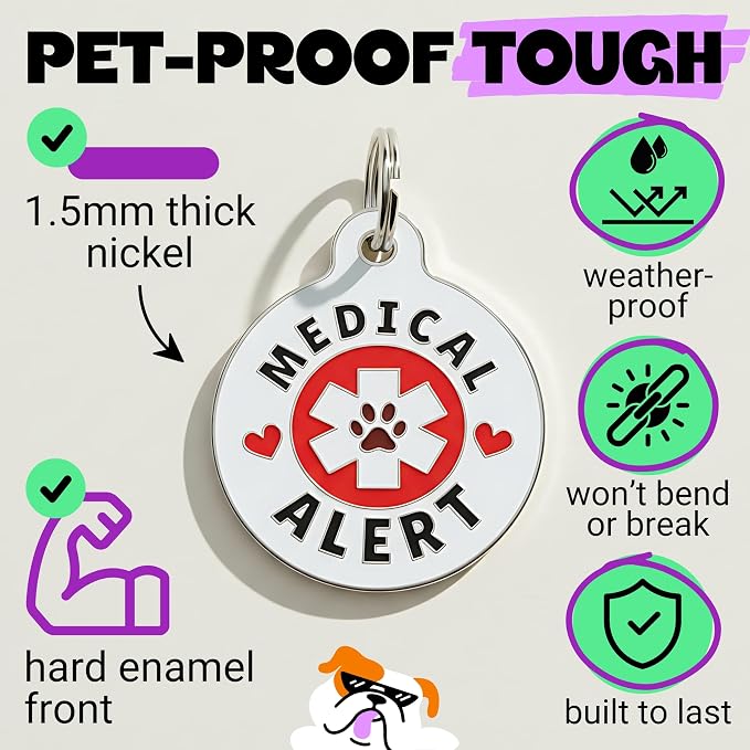 Bad Tags Personalized Dog and Cat ID Tags in 25+ Designs and 2 Sizes - 5 Lines of Custom Engraved Text - Funny Cute Personalized Pet Tags (Medical Alert, Small (1 inch))