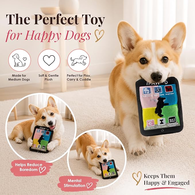 Dog Diggin Designs iPaw’d Plush Dog Toy | Luxury-Inspired Parody Smartphone Dog Toy with Squeaker, Soft Plush Novelty Dog Toy – Modern Fashion Accessories