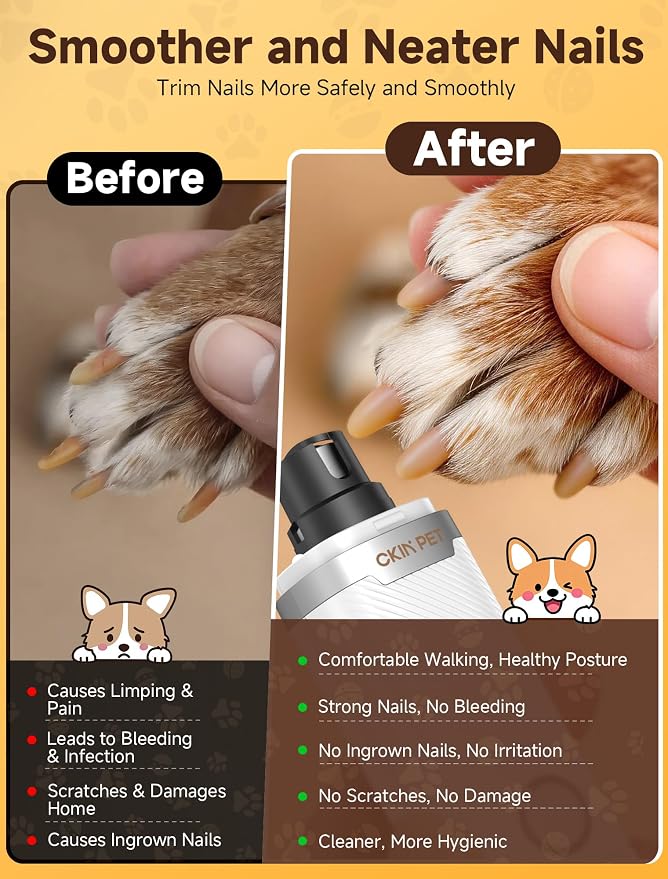 Dog Nail Grinder, Electric Dog Nail Trimmer Quiet with 2 LED Lights, 3-Speed Pet Nail Grinder for Dogs & Cats, Rechargeable 2000mAh Nail Grinder for Small Medium Large Dogs with Light, White