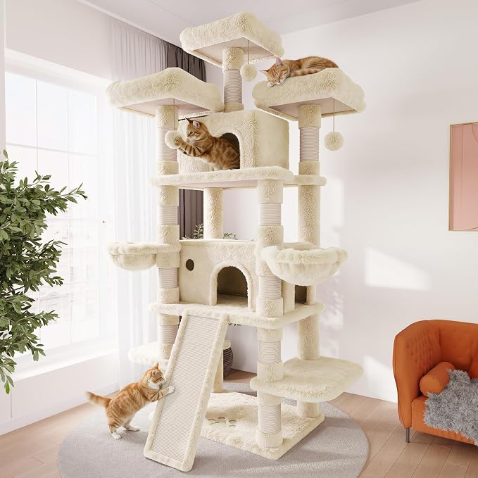 SHA CERLIN 81 Inches Extra Large Cat Tree for Indoor Adult Cats/XXL Big Cat Tower with Condo/Cozy Perches/Sisal Scratching Posts and Hammocks/Activity Center/F80/Heavy Duty/Beige