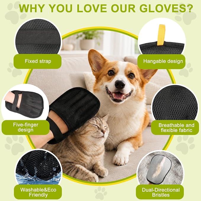 2-Piece Pet Hair Removal Glove, Deshedding Grooming Mitt, Soft Hair Remover Brush for Cats and Dogs with Long Short Fur