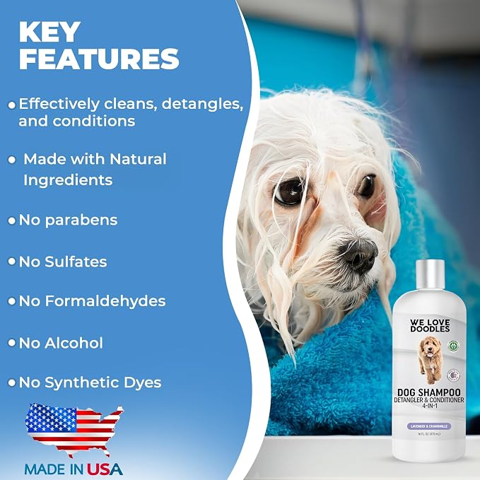 Dog Shampoo, Conditioner & Detangler, Hypoallergenic Tearless Lavender 16OZ | For Sensitive Itchy Skin, Hypoallergenic, Tearless, Best Shampoo For Smelly Dogs, Goldendoodle, Poodle & Doodle, Made in USA