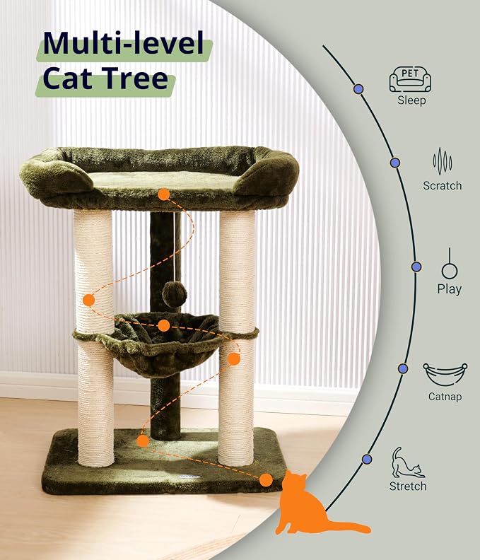 Happi N Pets 28" Cat Tree, Large Bed for Big Cats, Small Cat Tower with Soft Perch for Window Viewing, Stable Cat Tree Tower, Cat Scratching Post with Hammock, Removable Cover-Green