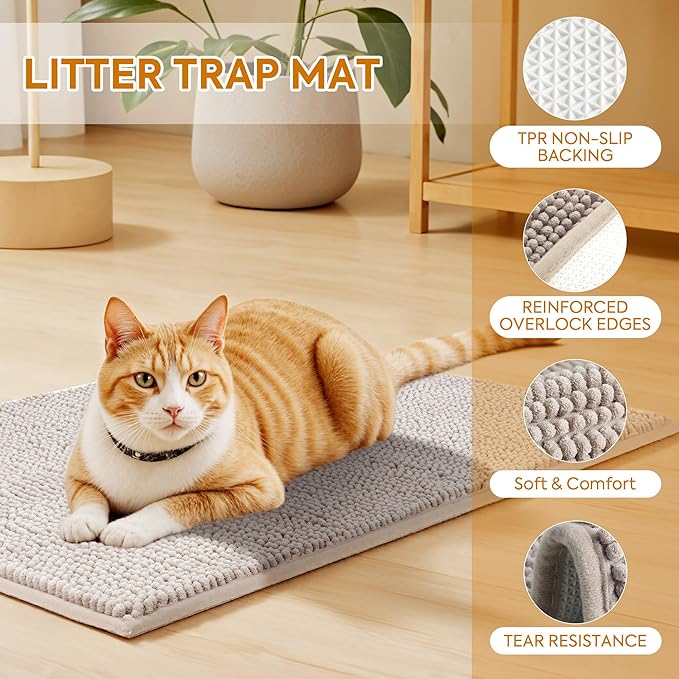 Pieviev Chenille Cat Litter Mat for Litter Box, 28"x22" Soft Ultra Absorbent Mat, Waterproof & Non-Slip, Easy to Clean Litter Trapping Mat for Indoor Cats, Gray (Pack of 2)