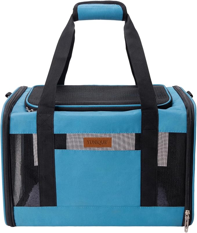 YUNIQUE Soft-Sided Cat & Dog Carrier for Pets Up to 15 Lbs, Airline Approved Collapsible Travel Puppy Carrier with Lightweight Fabric Design (Blue)