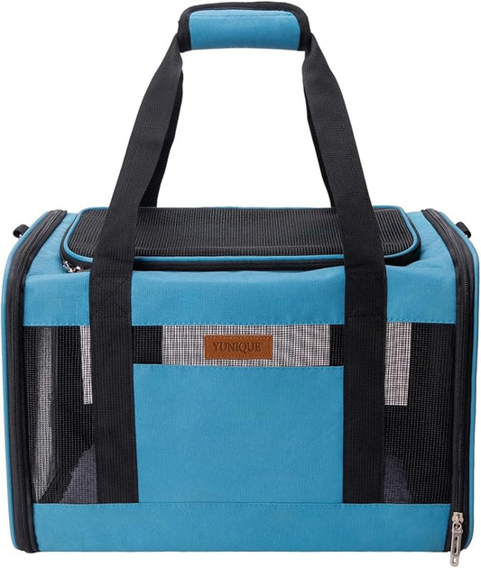 YUNIQUE Soft-Sided Cat & Dog Carrier for Pets Up to 15 Lbs, Airline Approved Collapsible Travel Puppy Carrier with Lightweight Fabric Design (Blue)